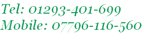 Tel: 01293-401-699
Mobile: 07796-116-560
