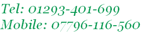 Tel: 01293-401-699
Mobile: 07796-116-560
