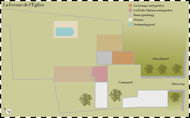 Diagram showing the layout of the site of La ferme de l'eglise